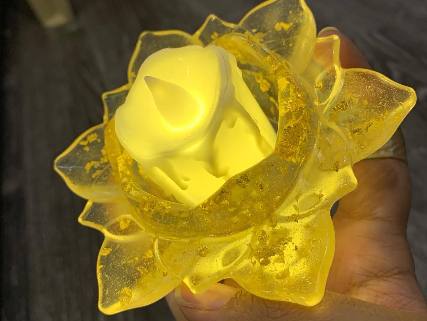 Yellow lotus resin tealight holder with gold flakes