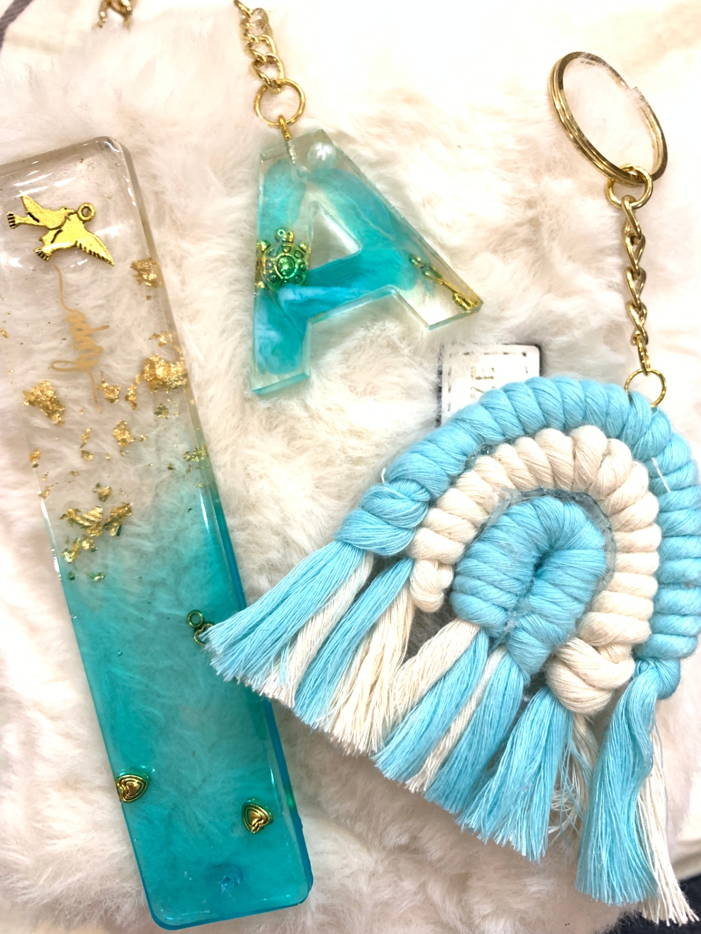 Resin bookmark, initial A and macramé tassel charm trio