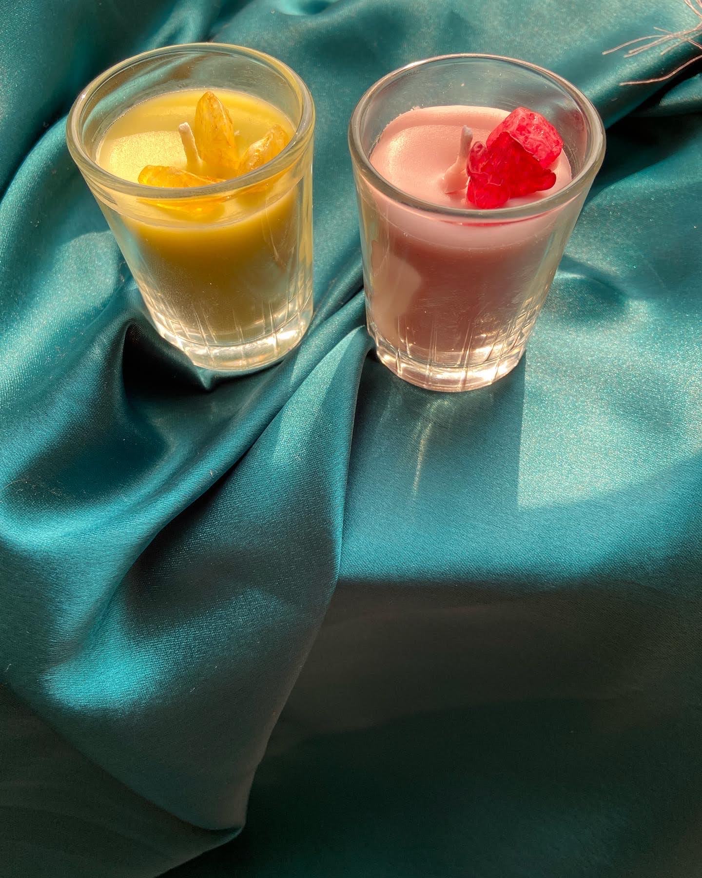 Yellow citrine and pink rose quartz crystal candles