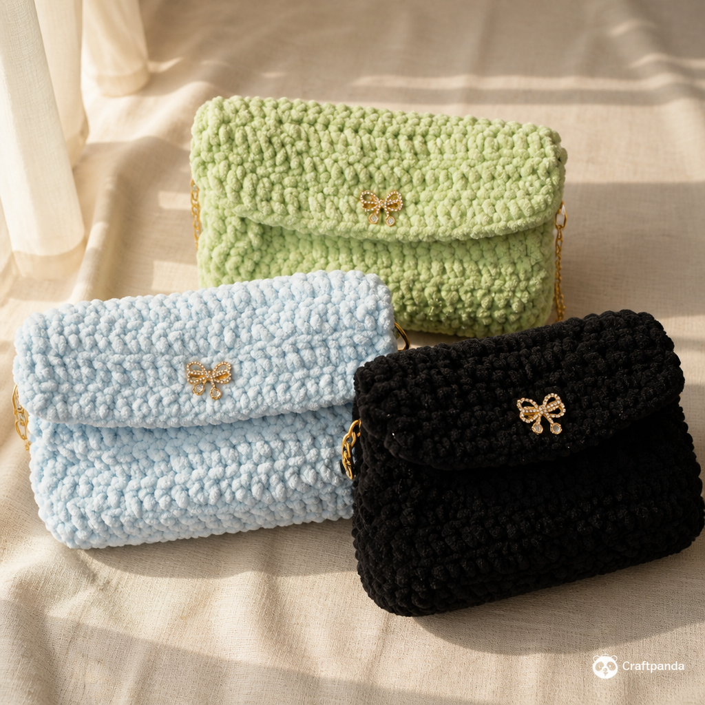 Craftpanda crochet bags in blue, sage green and black displayed together