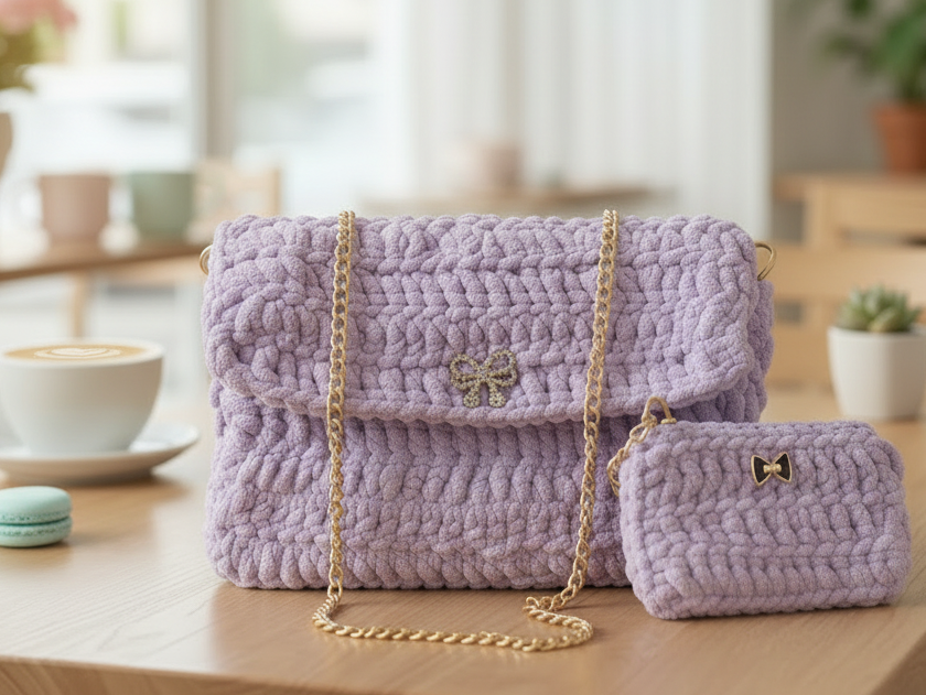 Lavender purple crochet bag set with matching small pouch and gold bow detail on a cafe table